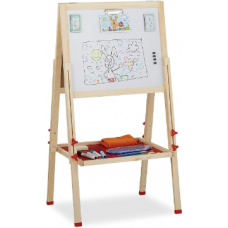 relaxdays White Children's Straight Board and Chalk, Height Adjustable, Wooden Easel, 102-135 x 55 x 52 cm, Nature, M...